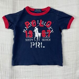 VTG Polo Ralph Lauren Toddler Boys 2T Navy Blue Red Ringer TShirt Polo Player
